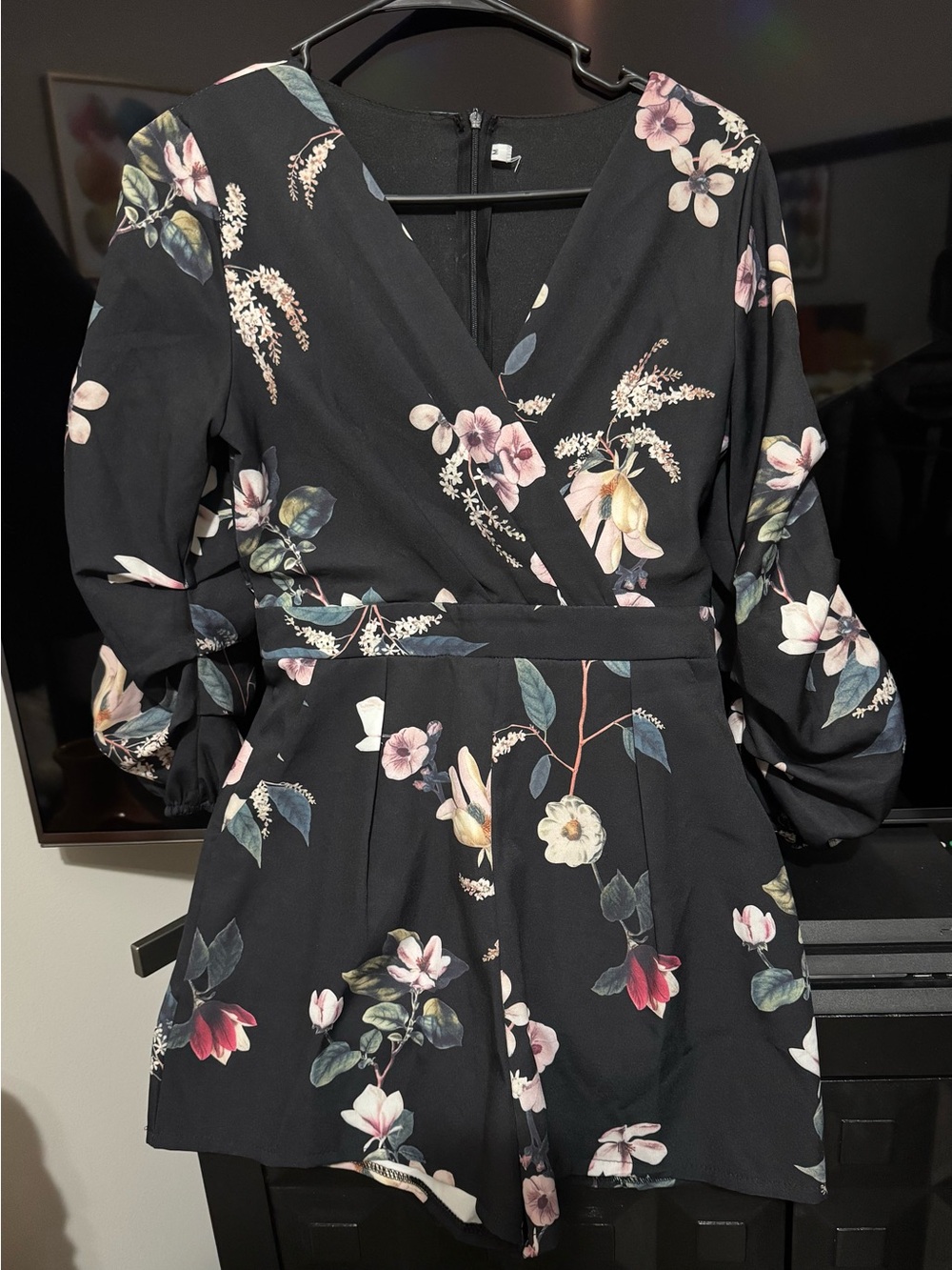 Floral Faux-Wrap Black Women's Shorts Romper